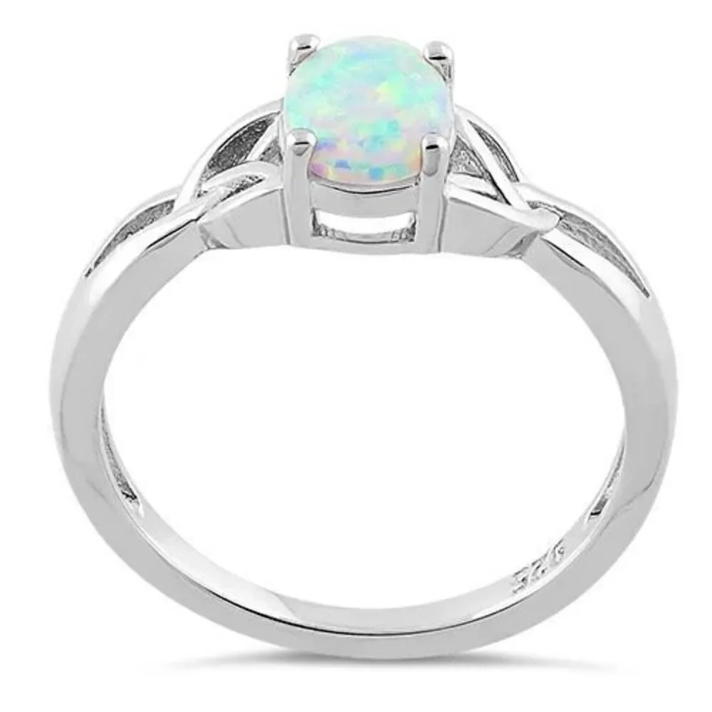 Sterling Silver Oval Celtic White Lab Opal Ring - Picture 3 of 4